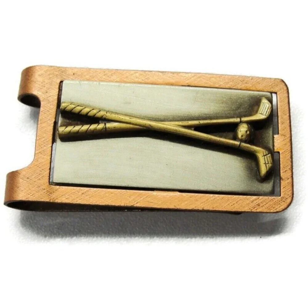 Golf Clubs Brass Tone, Copper Tone & Grey Money Clip Stainless Steel Wallet